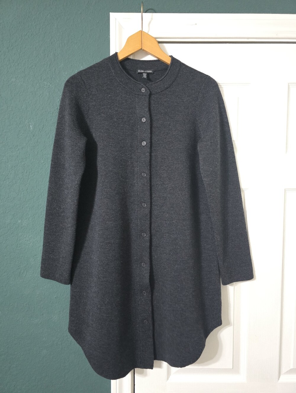 Eileen Fisher Charcoal Long Cardigan Sweater Merino Wool Minimalist Old Money XS